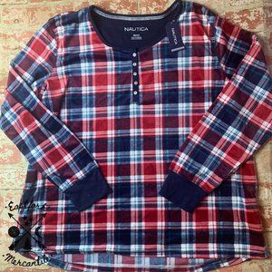 NEW Nautica Ladies Fleece Plaid Henley Pajama Top XXL